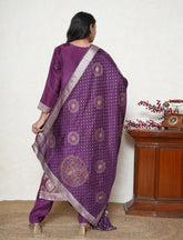 Silk cut Purple bandhani print silk suit with banarasi border